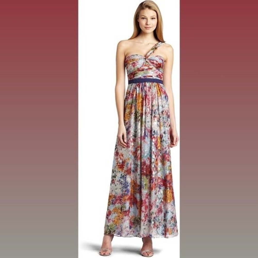 BCBGMaxAzria Inga One Shoulder Silk Maxi Gown Size 0 Begonia Metallic Pleated